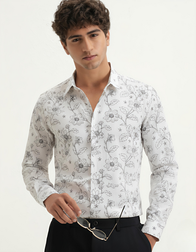 Thunder Black Floral Shirt for Men – Giza Cotton, Dobby Print, Premium Regular Fit, Full Sleeves | Bold & Elegant Evening Wear