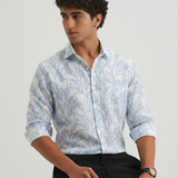 Fountain Blue Textured Shirt for Men – Premium Cotton Blend, Regular Fit, Full Sleeves | Breezy Shirt with Minimal Weave Design