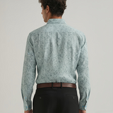 Spanish Green Textured Shirt for Men – Lilen Fabric, Full Sleeves, Regular Fit | Earthy Tone with Refined Minimal Texture