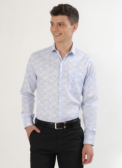 Sky Blue Floral Print Shirt – Regular Fit Full Sleeve