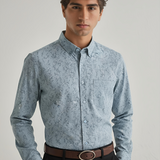 Spanish Green Textured Shirt for Men – Lilen Fabric, Full Sleeves, Regular Fit | Earthy Tone with Refined Minimal Texture