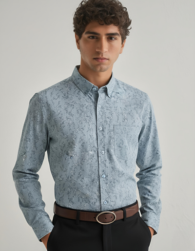 Spanish Green Textured Shirt for Men – Lilen Fabric, Full Sleeves, Regular Fit | Earthy Tone with Refined Minimal Texture
