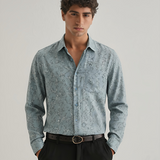 Spanish Green Textured Shirt for Men – Lilen Fabric, Full Sleeves, Regular Fit | Earthy Tone with Refined Minimal Texture