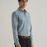 Spanish Green Textured Shirt for Men – Lilen Fabric, Full Sleeves, Regular Fit | Earthy Tone with Refined Minimal Texture