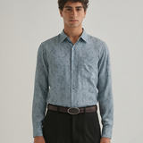 Spanish Green Textured Shirt for Men – Lilen Fabric, Full Sleeves, Regular Fit | Earthy Tone with Refined Minimal Texture