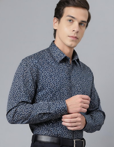 Navy Blue Floral Cotton Shirt – Regular Fit Full Sleeves