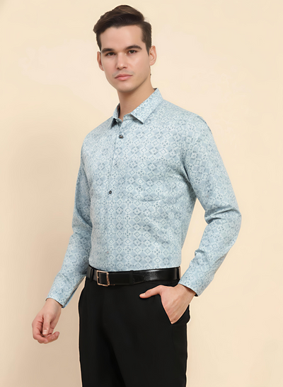 Green Floral Cotton Shirt – Regular Fit Full Sleeves