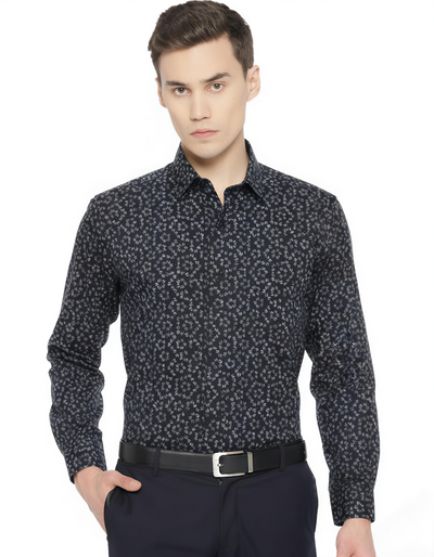 Black Floral Cotton Shirt – Regular Fit Full Sleeves