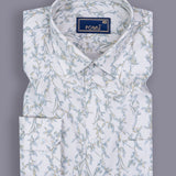 Italian Cream Leaf Printed Shirt for Men – Textured Lilen Fabric, Full Sleeves, Regular Fit | Soft, Earthy & Minimalist Design