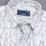 Italian Cream Leaf Printed Shirt for Men – Textured Lilen Fabric, Full Sleeves, Regular Fit | Soft, Earthy & Minimalist Design